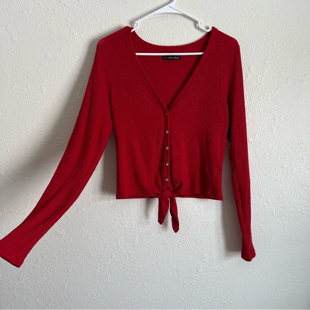 Size L Abercrombie & Fitch Red Ribbed V-Neck Cardigan Long Sleeve Cropped
